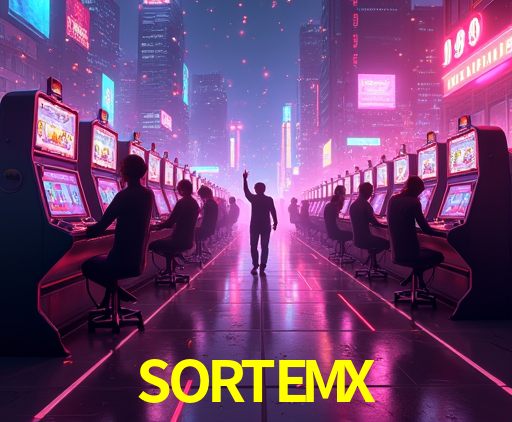 Escena dinámica inspirada en casino con iluminación SORTEMX, cartas, fichas e íconos de juegos digitales en un espacio moderno de juegos.