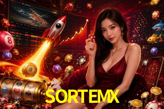 Una escena digital vívida inspirada en casino con SORTEMX mostrado prominentemente, luces brillantes, fichas, cartas y acentos dorados.