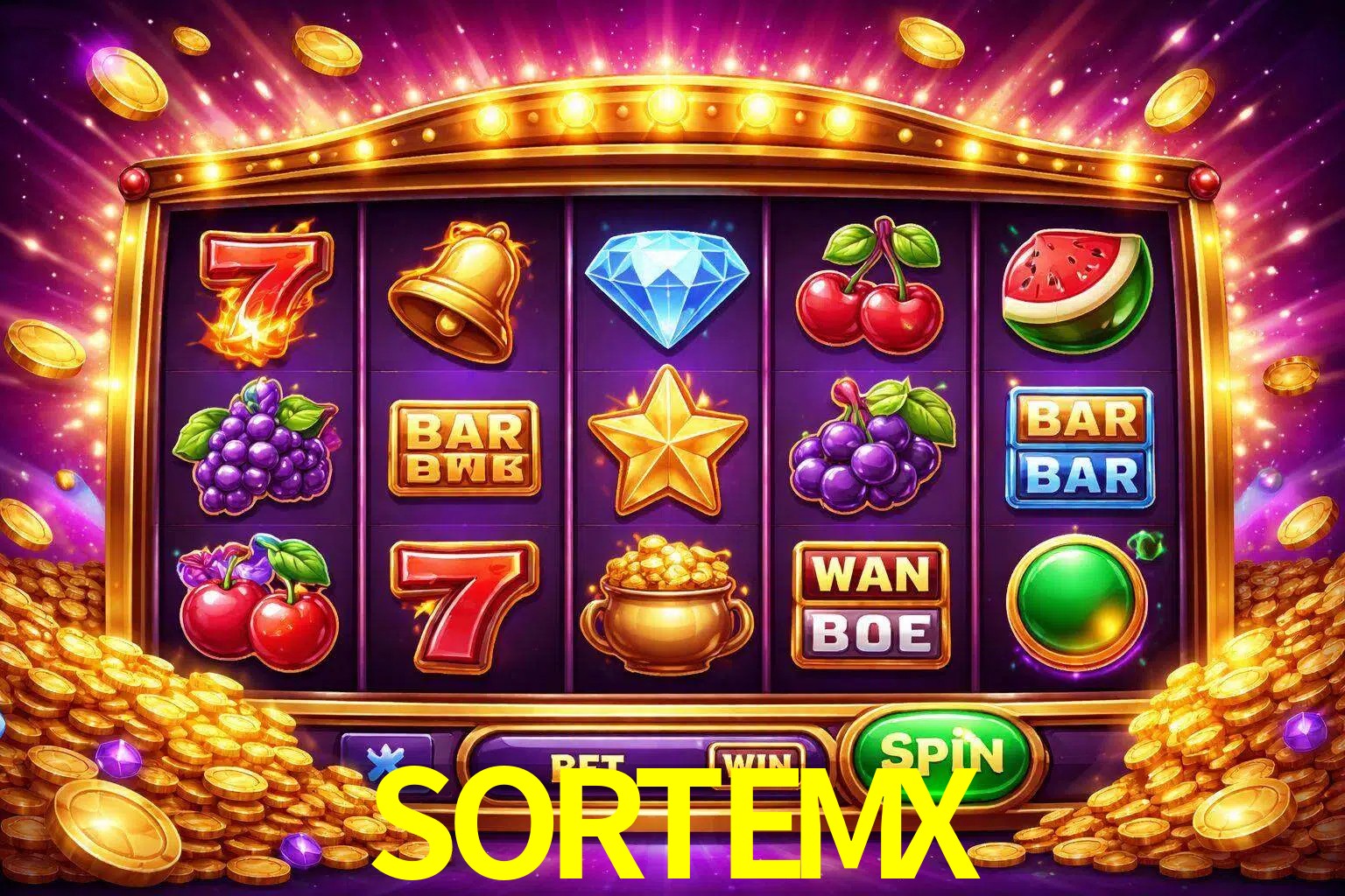 Una interfaz colorida de tragamonedas en línea con símbolos brillantes, monedas y un efecto de victoria celebratoria en SORTEMX.